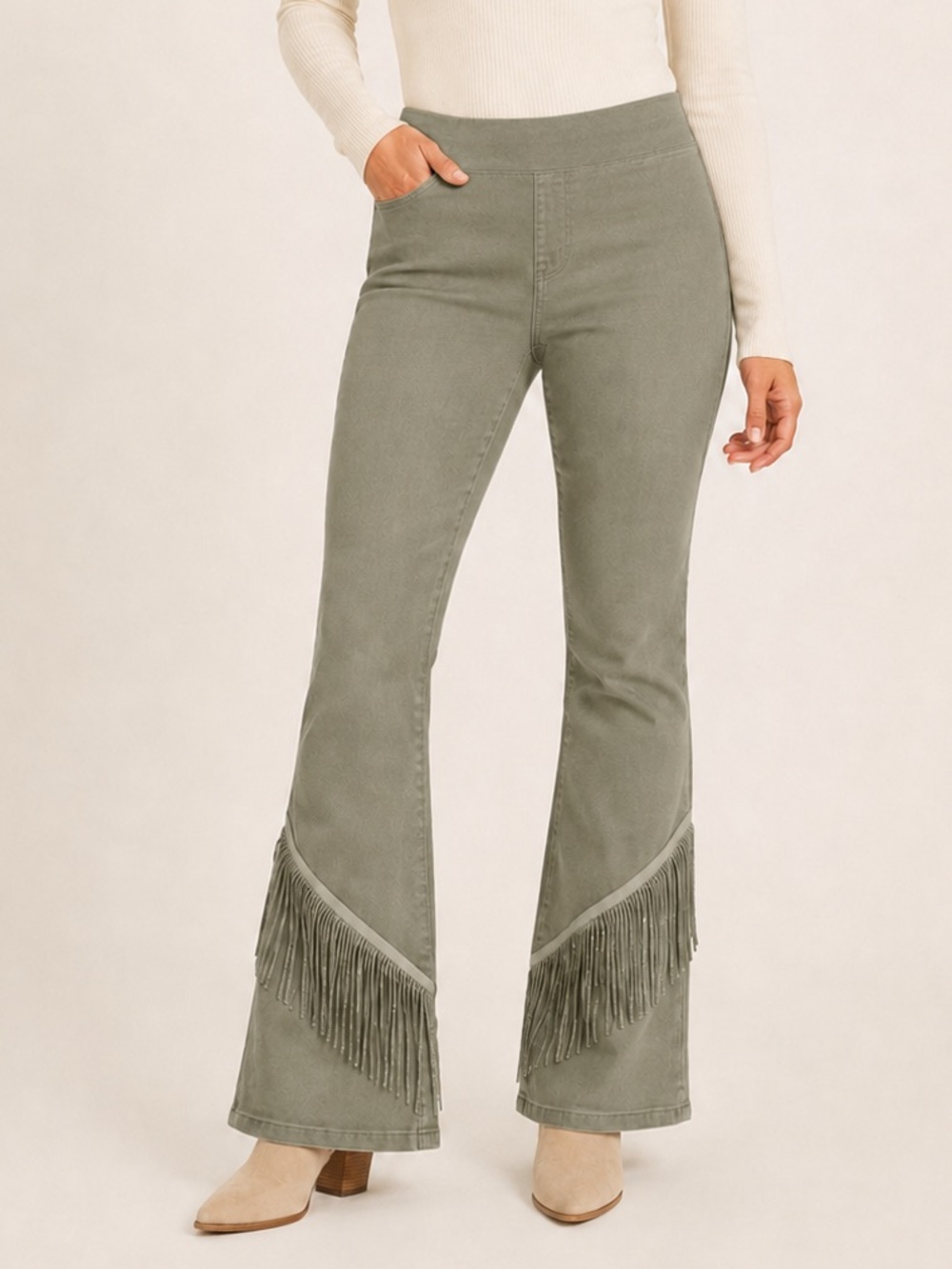 DG2 Western Fringe Flare Jeans Light Olive Green High Rise 12 31 Large Tall